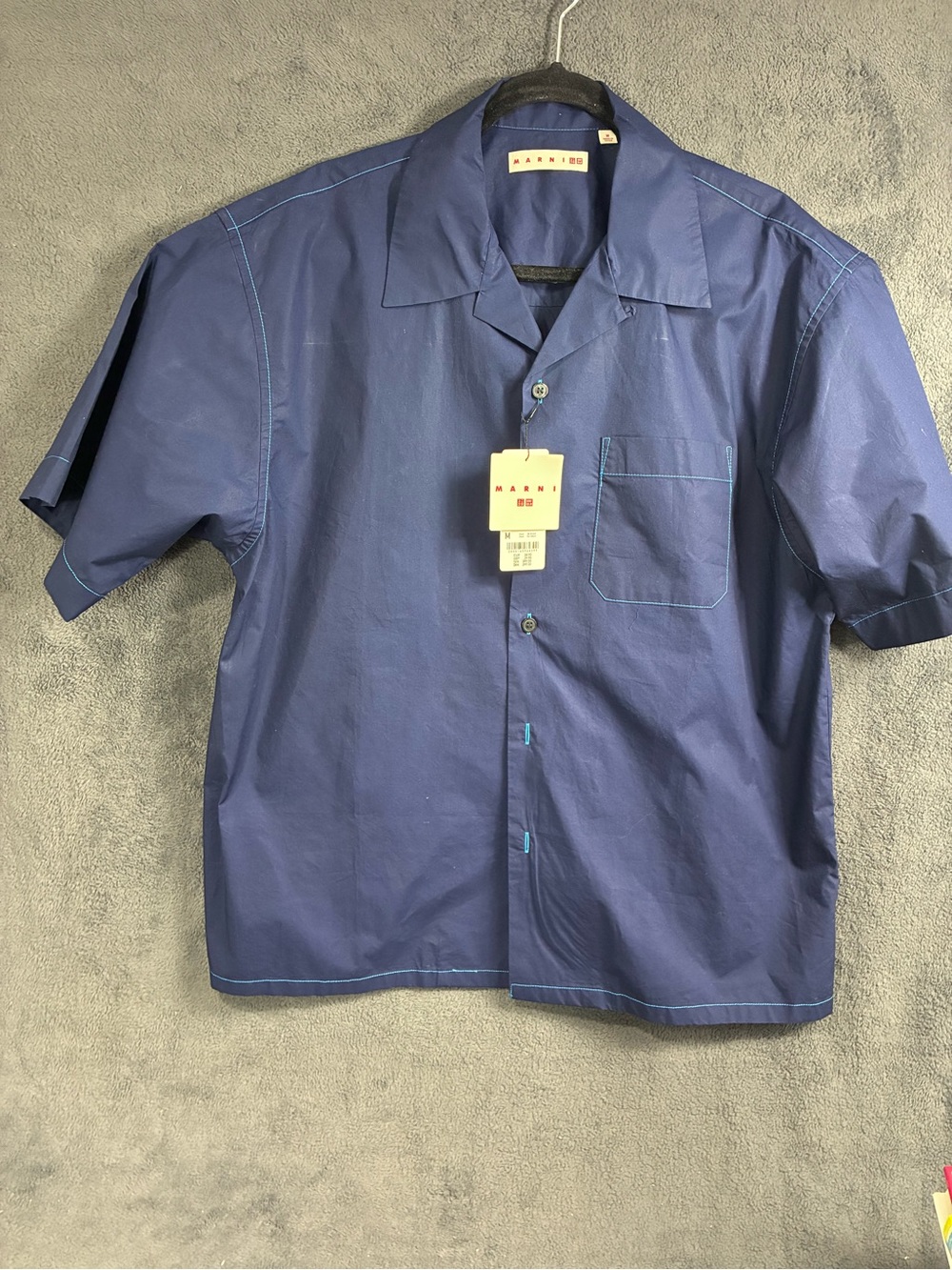 Marni Dark Blue Short-Sleeve Button-Down Shirt with Contrast Stitching